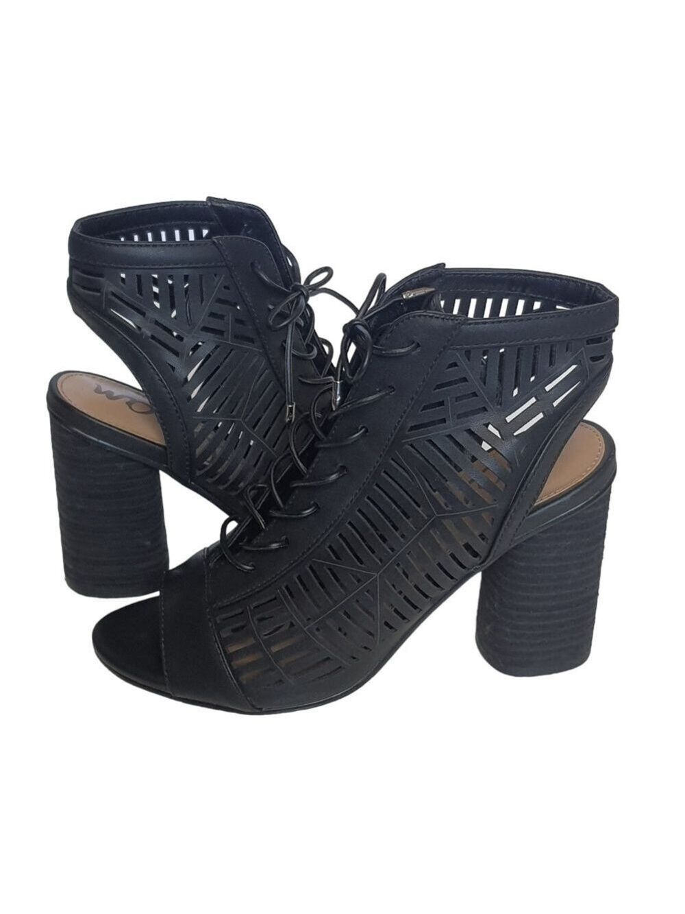 Sam Edelman Rocco Lace up Ankle Boots Womens 7 Black Laser Cut Open Peep Toe